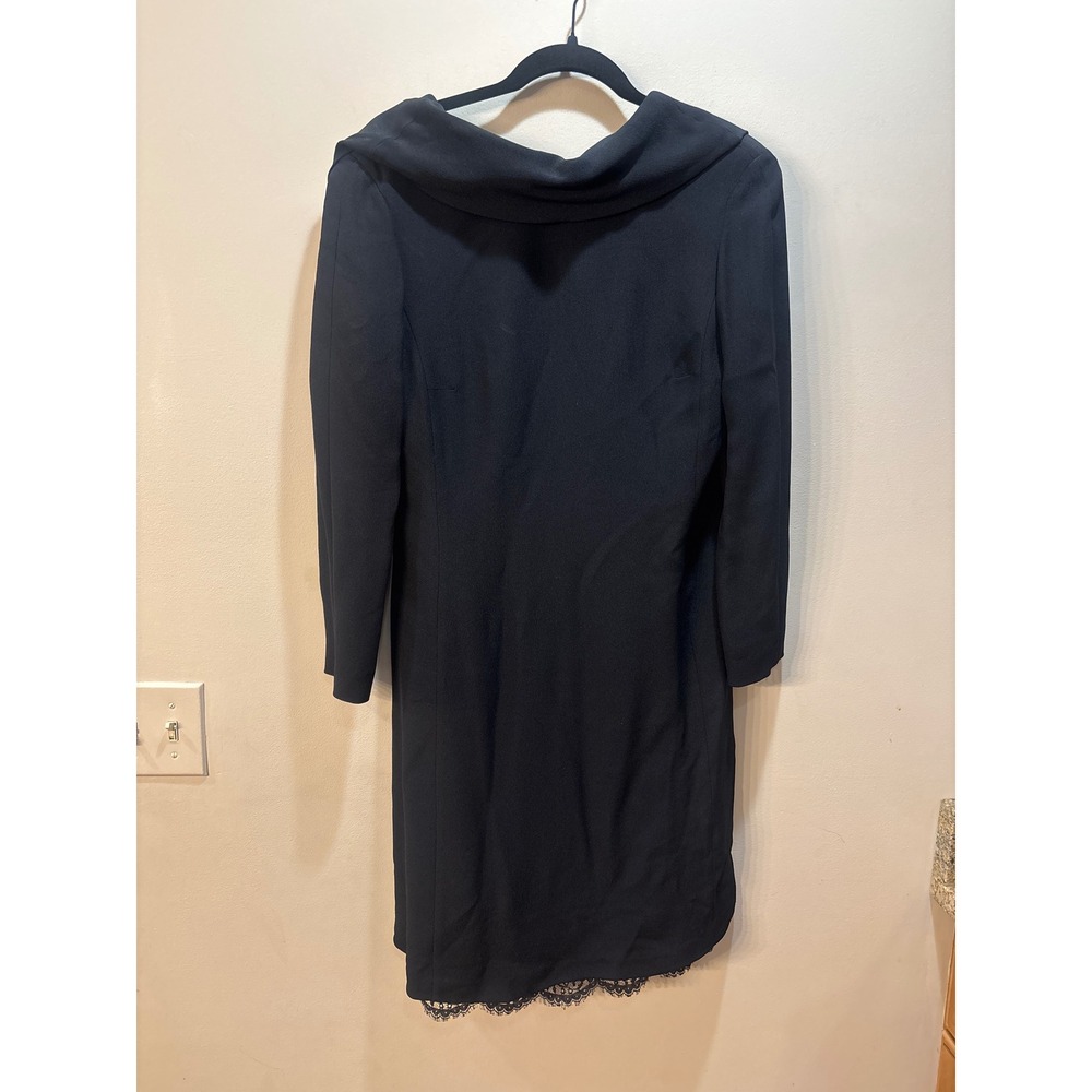 Louis Feraud Black 100% Silk Lace Trim Draped Cowl Back Dress Vintage Size 10